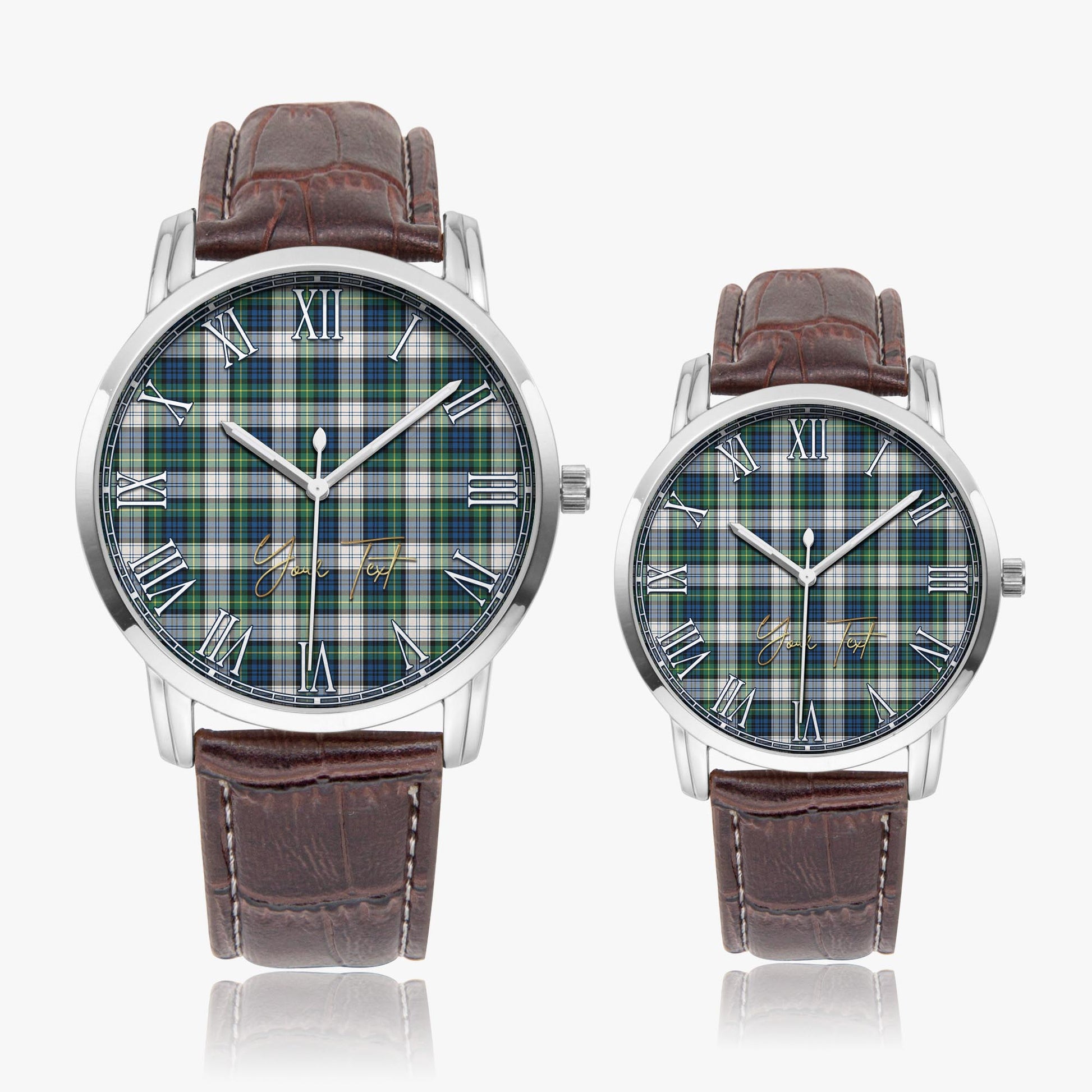 Gordon Dress Ancient Tartan Personalized Your Text Leather Trap Quartz Watch Wide Type Silver Case With Brown Leather Strap - Tartanvibesclothing