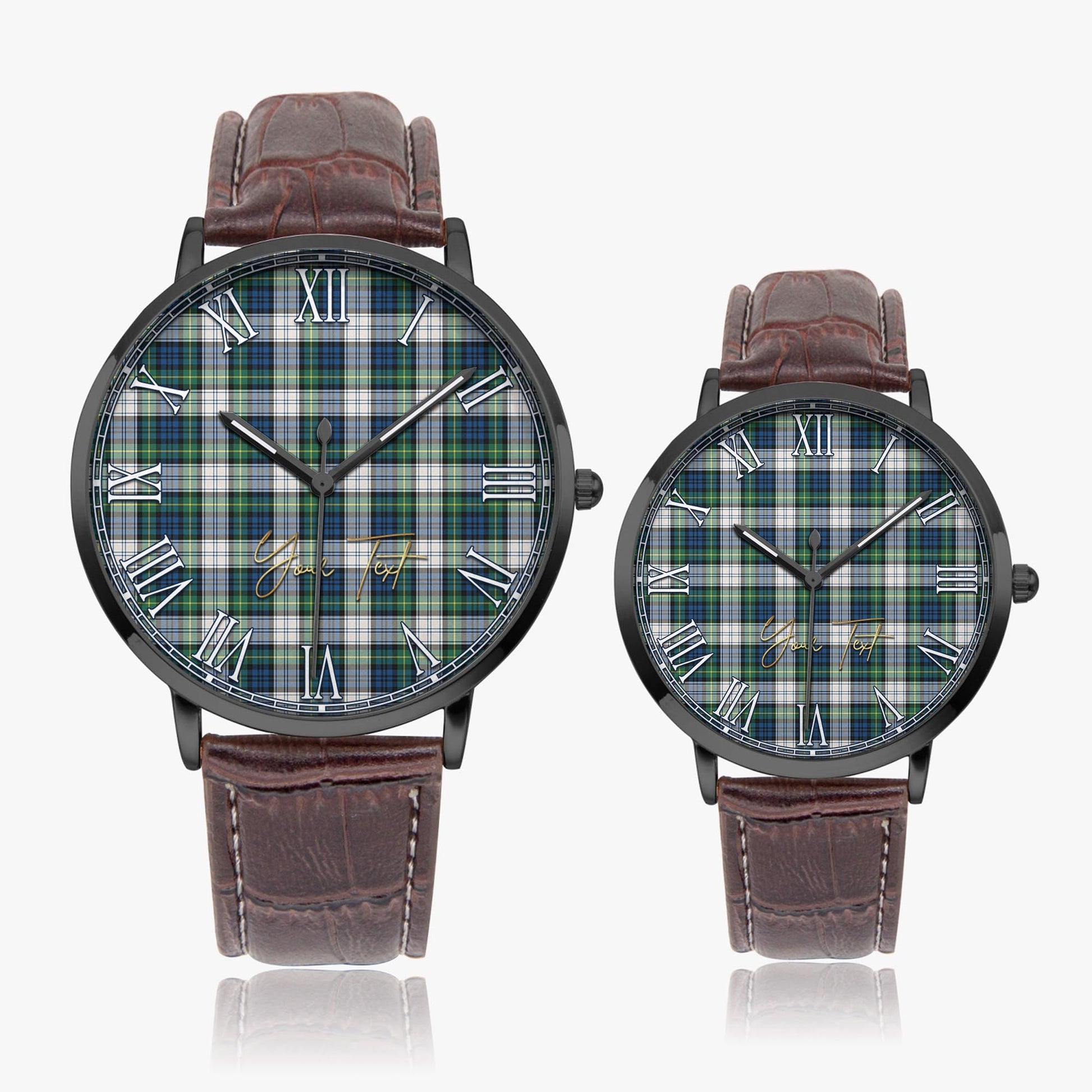 Gordon Dress Ancient Tartan Personalized Your Text Leather Trap Quartz Watch Ultra Thin Black Case With Brown Leather Strap - Tartanvibesclothing