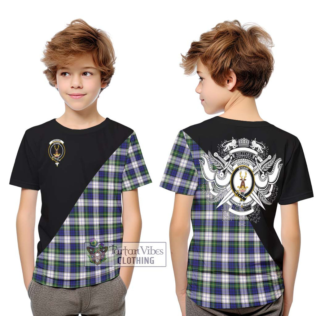 Gordon Dress Modern Tartan Kid T-Shirt with Family Crest and Military Logo Style Youth XL Size14 - Tartanvibesclothing Shop