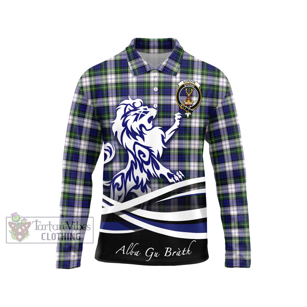 Gordon Dress Modern Tartan Long Sleeve Polo Shirt with Alba Gu Brath Regal Lion Emblem Unisex - Tartanvibesclothing Shop