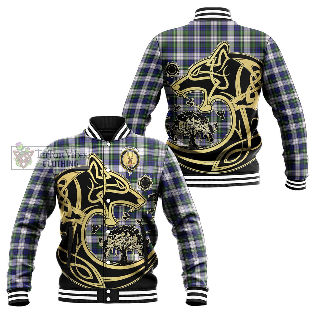 Gordon Dress Modern Tartan Baseball Jacket with Family Crest Celtic Wolf Style Unisex - Tartan Vibes Clothing