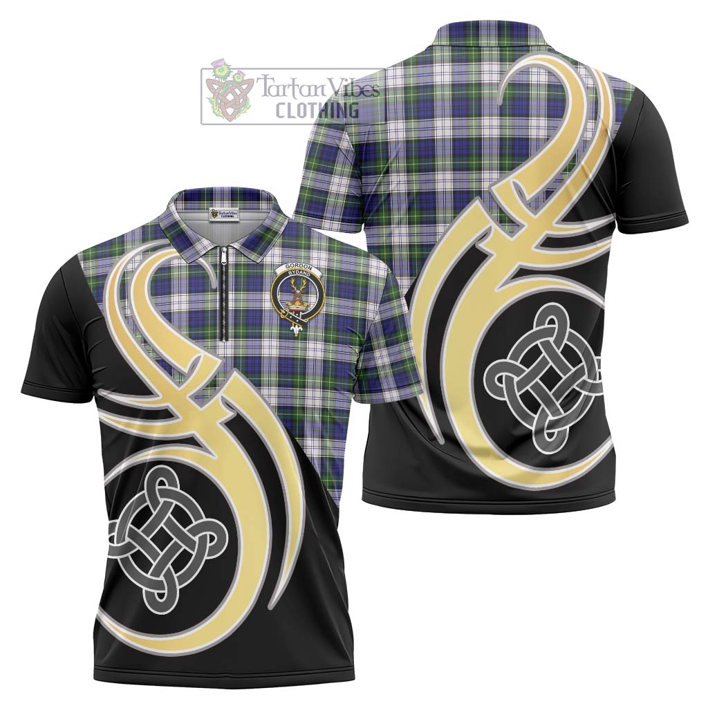 Tartan Vibes Clothing Gordon Dress Modern Tartan Zipper Polo Shirt with Family Crest and Celtic Symbol Style