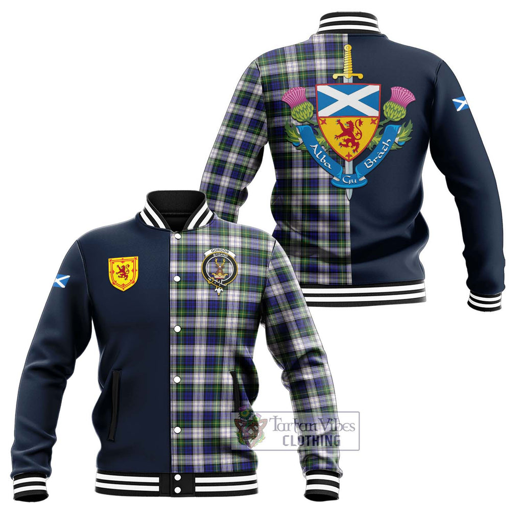 Tartan Vibes Clothing Gordon Dress Modern Tartan Baseball Jacket with Scottish Lion Royal Arm Half Style