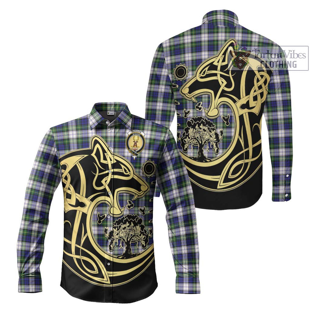 Gordon Dress Modern Tartan Long Sleeve Button Shirt with Family Crest Celtic Wolf Style Men's Shirt S - Tartan Vibes Clothing