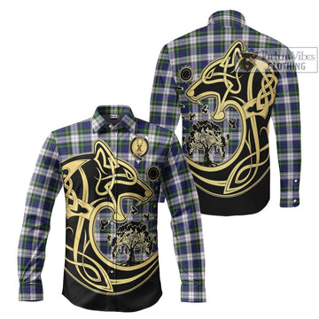 Gordon Dress Modern Tartan Long Sleeve Button Shirt with Family Crest Celtic Wolf Style