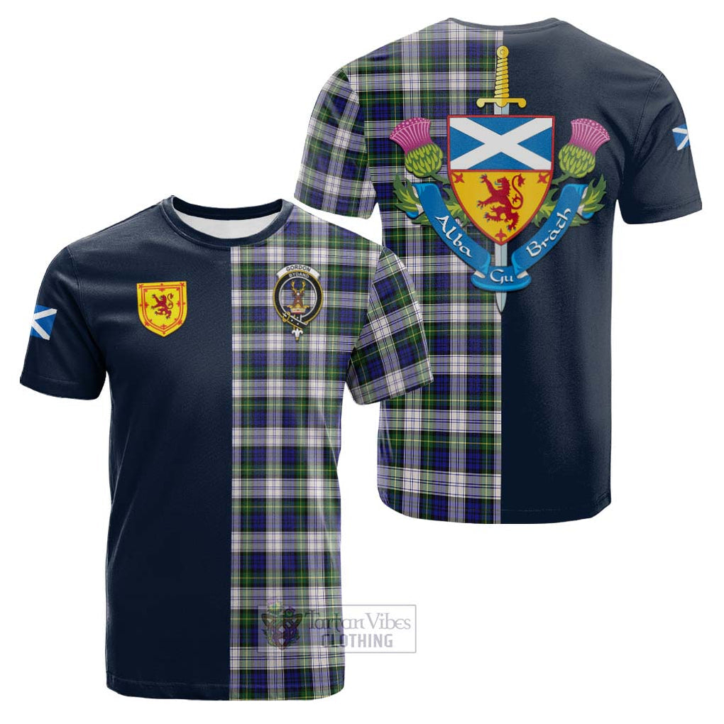 Tartan Vibes Clothing Gordon Dress Modern Tartan Cotton T-shirt with Scottish Lion Royal Arm Half Style