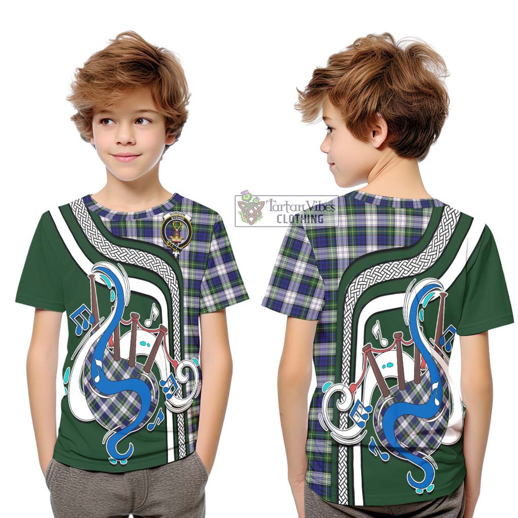 Tartan Vibes Clothing Gordon Dress Modern Tartan Kid T-Shirt with Epic Bagpipe Style