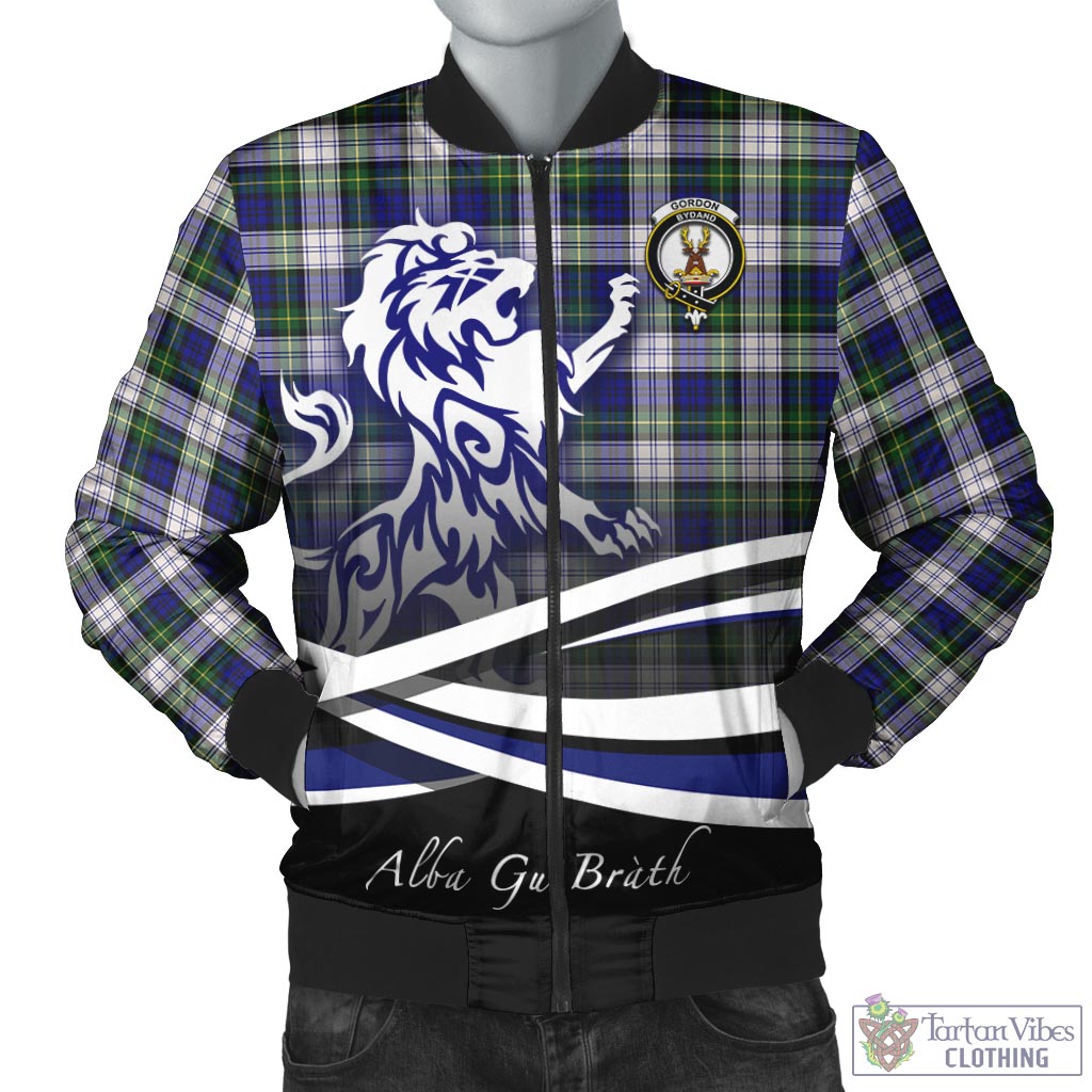 Tartan Vibes Clothing Gordon Dress Modern Tartan Bomber Jacket with Alba Gu Brath Regal Lion Emblem