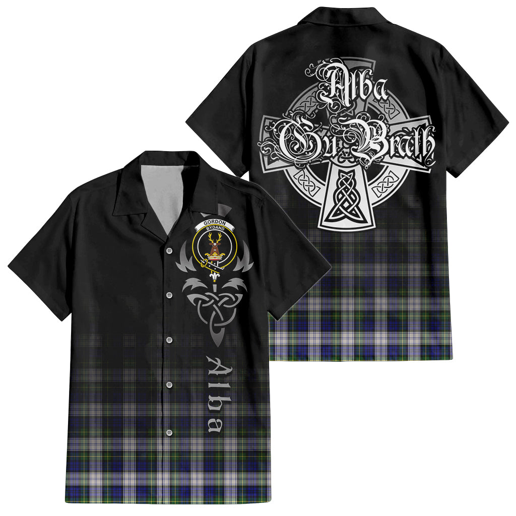 Tartan Vibes Clothing Gordon Dress Modern Tartan Short Sleeve Button Up Featuring Alba Gu Brath Family Crest Celtic Inspired