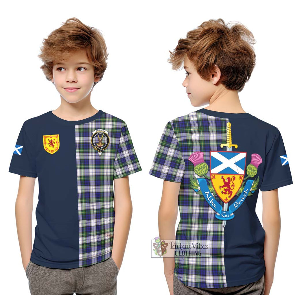 Tartan Vibes Clothing Gordon Dress Modern Tartan Kid T-Shirt with Scottish Lion Royal Arm Half Style