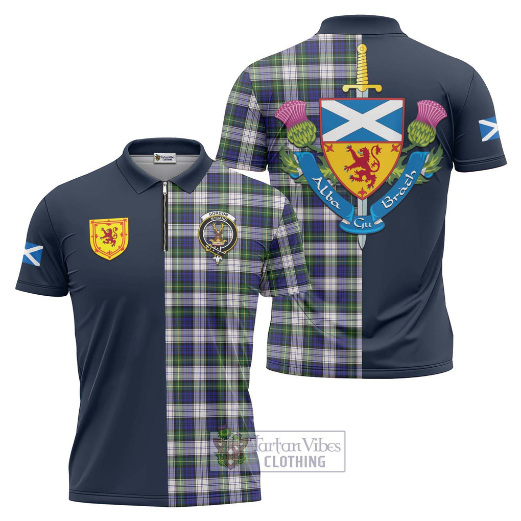 Tartan Vibes Clothing Gordon Dress Modern Tartan Zipper Polo Shirt with Scottish Lion Royal Arm Half Style