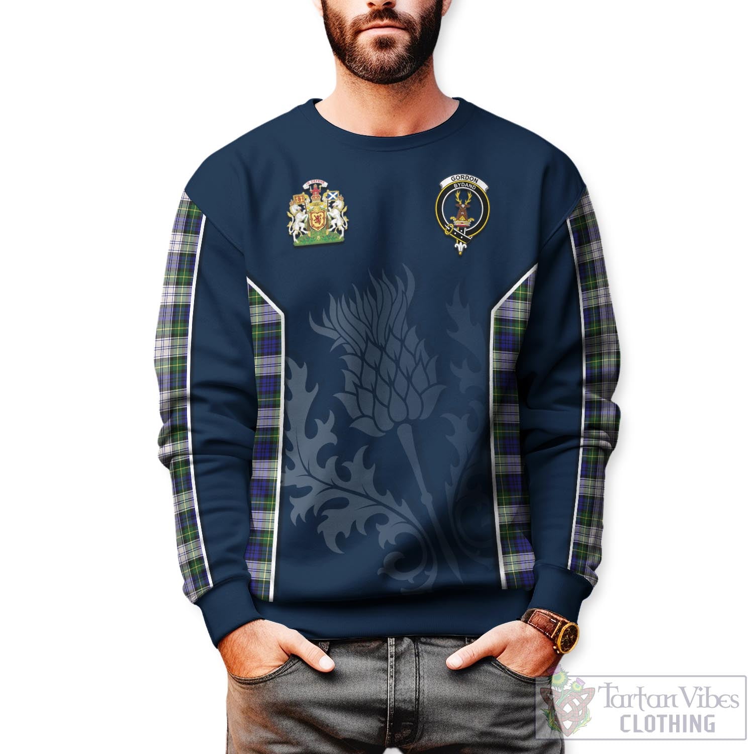 Tartan Vibes Clothing Gordon Dress Modern Tartan Sweatshirt with Family Crest and Scottish Thistle Vibes Sport Style