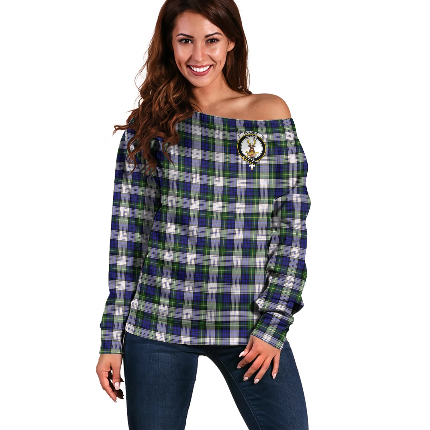 Gordon Dress Modern Tartan Off Shoulder Women Sweater with Family Crest Women - Tartanvibesclothing