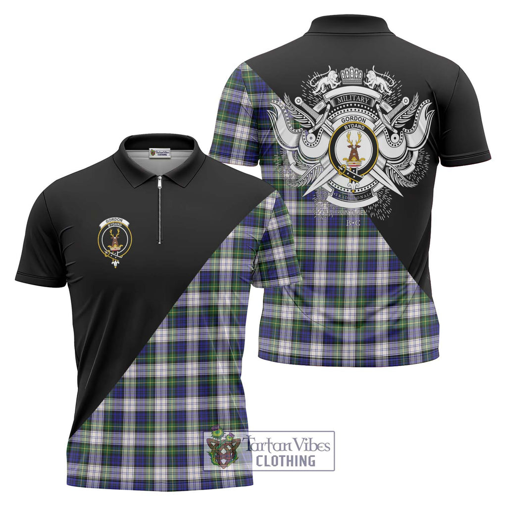 Gordon Dress Modern Tartan Zipper Polo Shirt with Family Crest and Military Logo Style Unisex - Tartanvibesclothing Shop