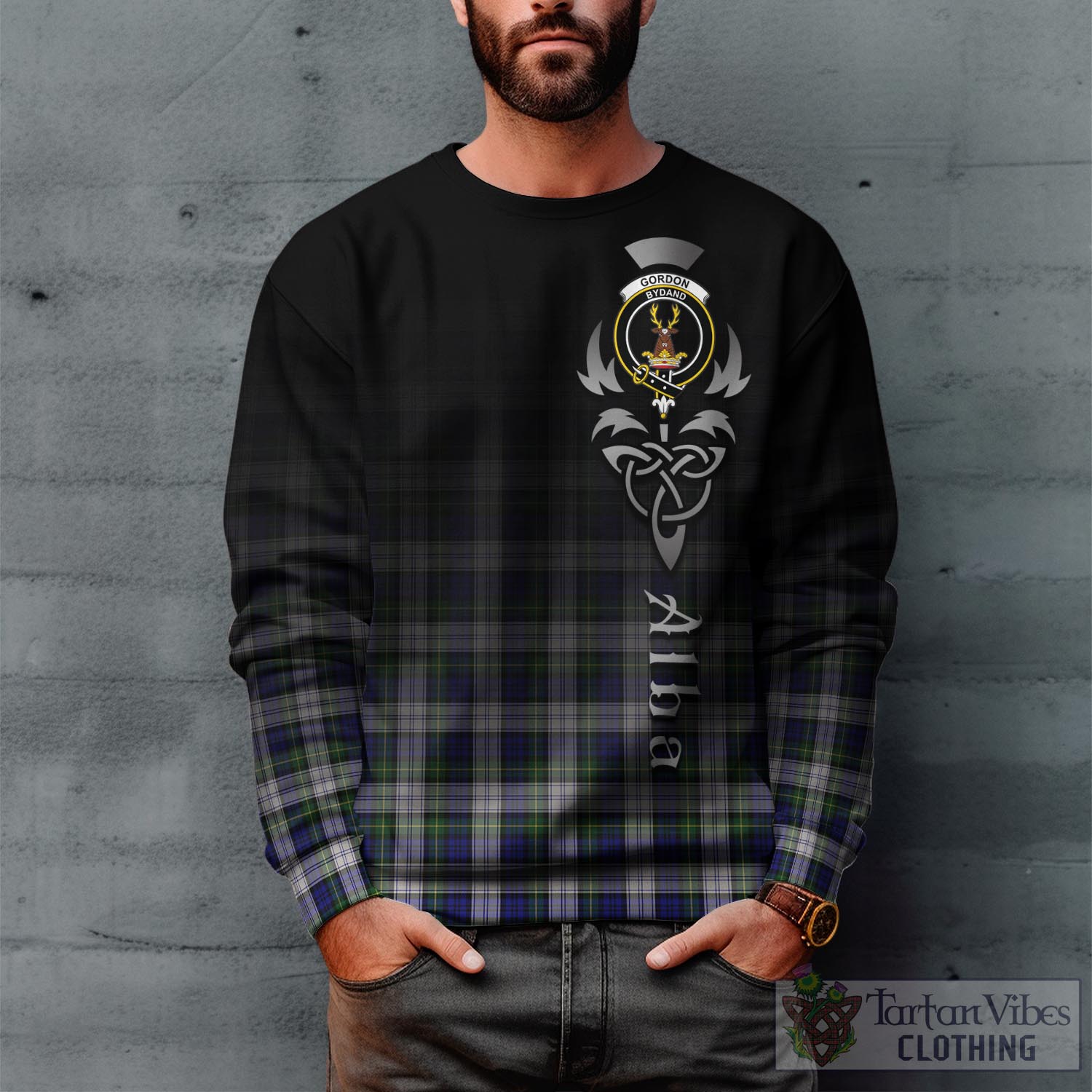 Tartan Vibes Clothing Gordon Dress Modern Tartan Sweatshirt Featuring Alba Gu Brath Family Crest Celtic Inspired