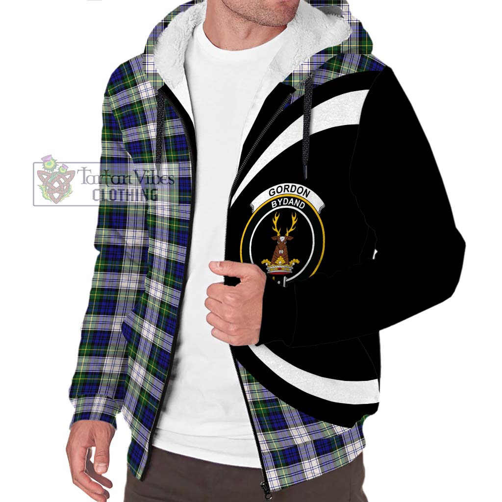 Gordon Dress Modern Tartan Sherpa Hoodie with Family Crest Circle Style Unisex S - Tartan Vibes Clothing