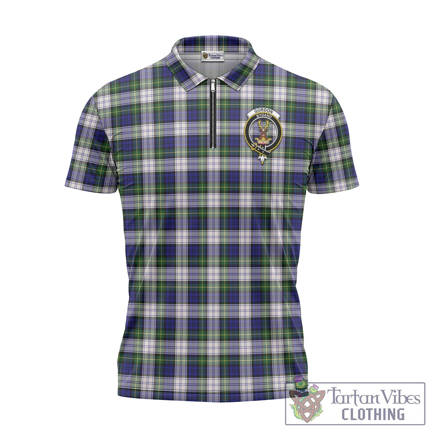 Tartan Vibes Clothing Gordon Dress Modern Tartan Zipper Polo Shirt with Family Crest