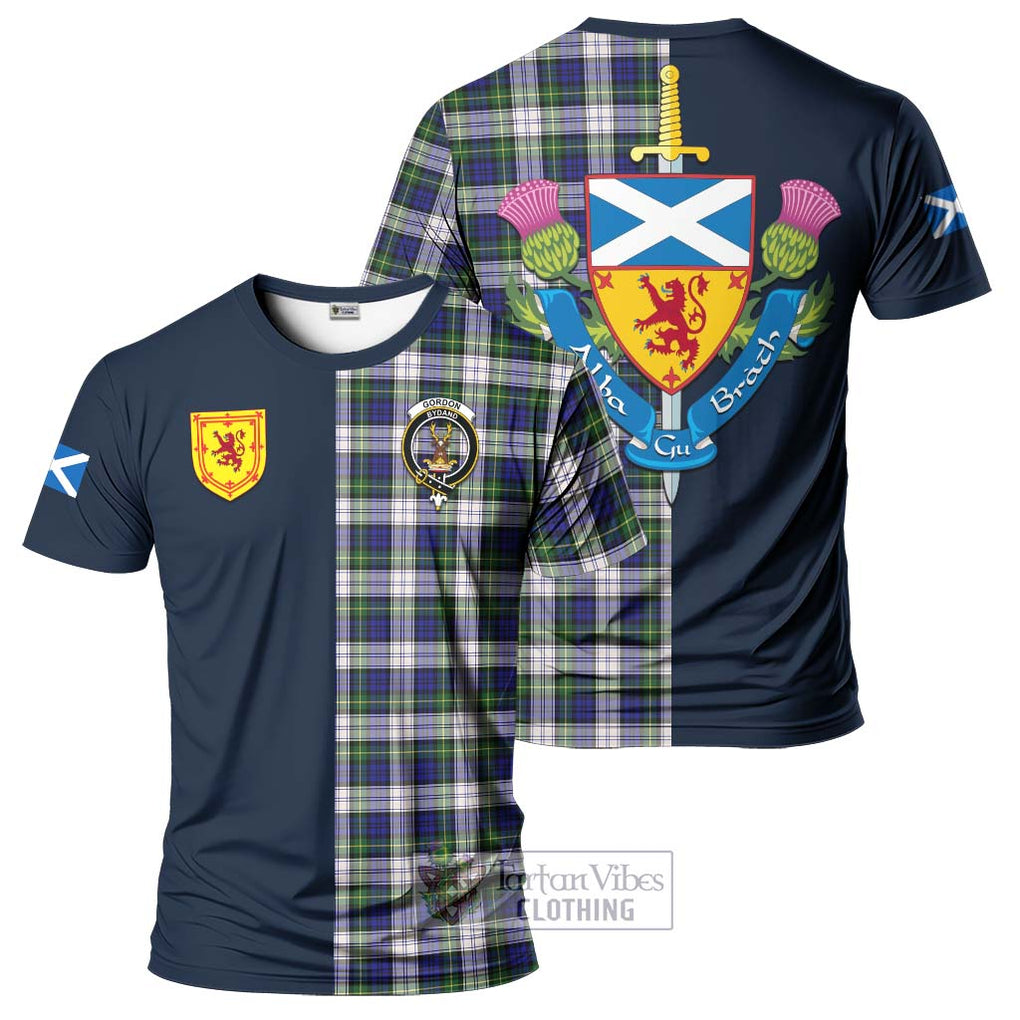 Tartan Vibes Clothing Gordon Dress Modern Tartan T-Shirt Alba with Scottish Lion Royal Arm Half Style