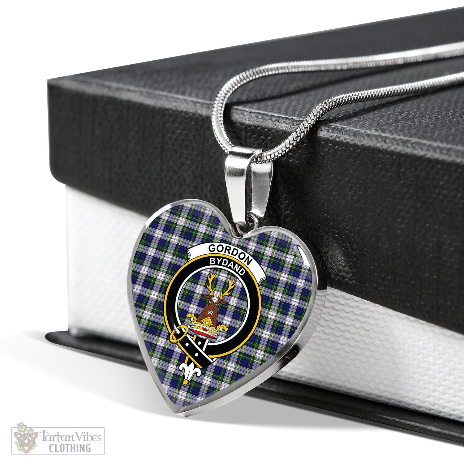 Tartan Vibes Clothing Gordon Dress Modern Tartan Heart Necklace with Family Crest