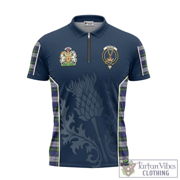 Gordon Dress Modern Tartan Zipper Polo Shirt with Family Crest and Scottish Thistle Vibes Sport Style