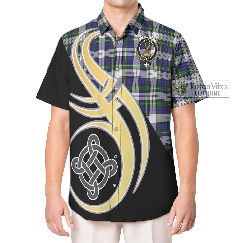 Gordon Dress Modern Tartan Short Sleeve Button Shirt with Family Crest and Celtic Symbol Style Kid - Tartan Vibes Clothing