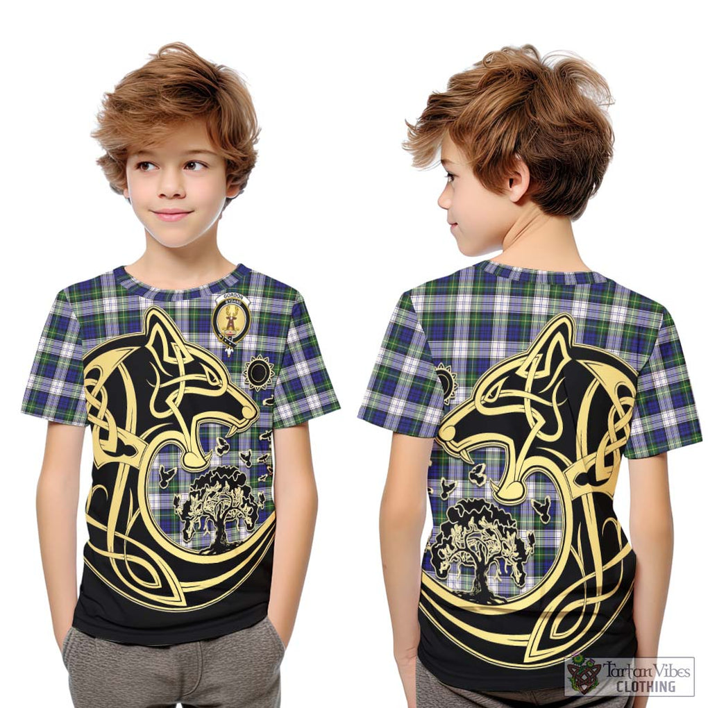 Gordon Dress Modern Tartan Kid T-Shirt with Family Crest Celtic Wolf Style Youth XL Size14 - Tartan Vibes Clothing