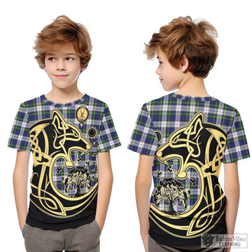 Gordon Dress Modern Tartan Kid T-Shirt with Family Crest Celtic Wolf Style