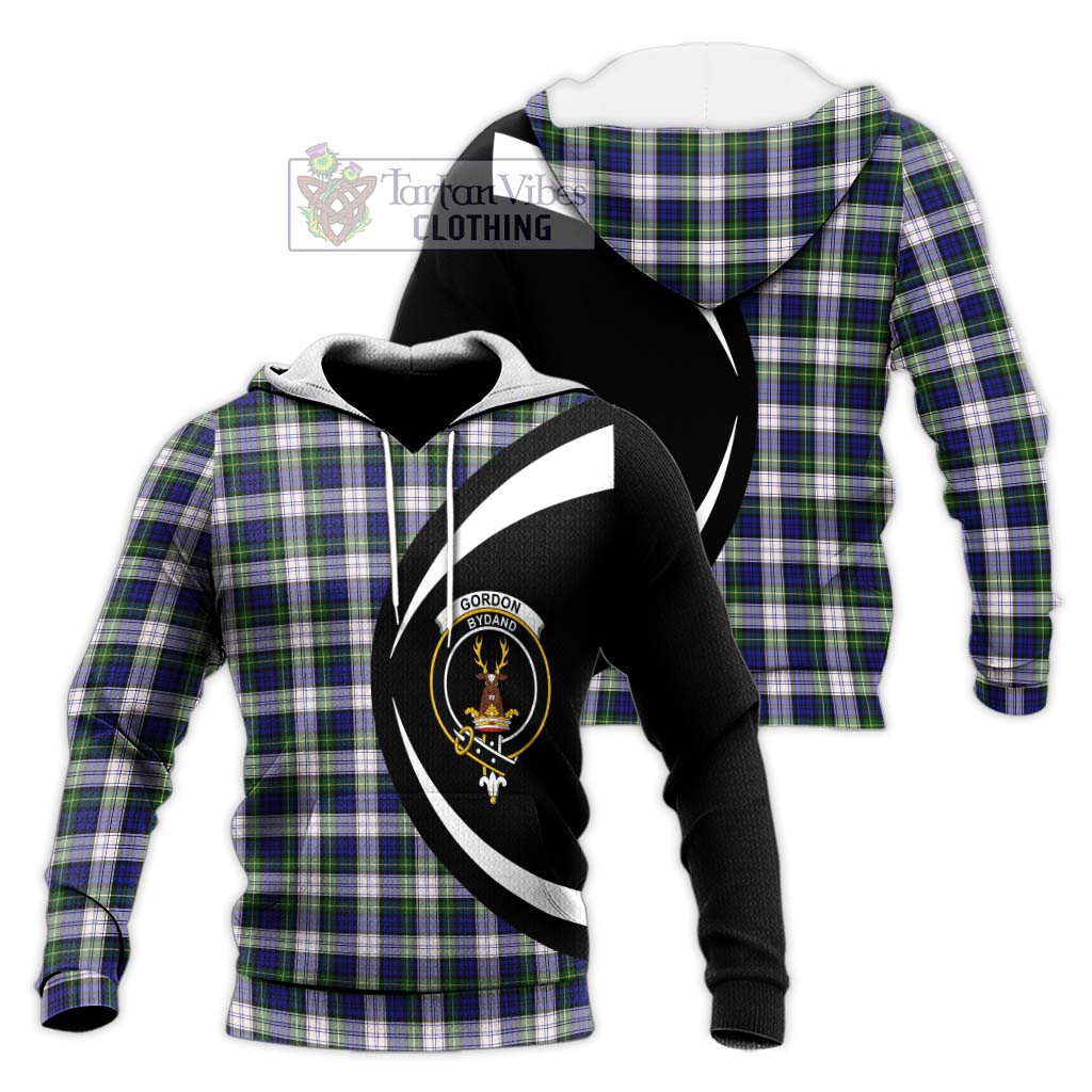 Gordon Dress Modern Tartan Knitted Hoodie with Family Crest Circle Style Unisex Knitted Pullover Hoodie - Tartan Vibes Clothing