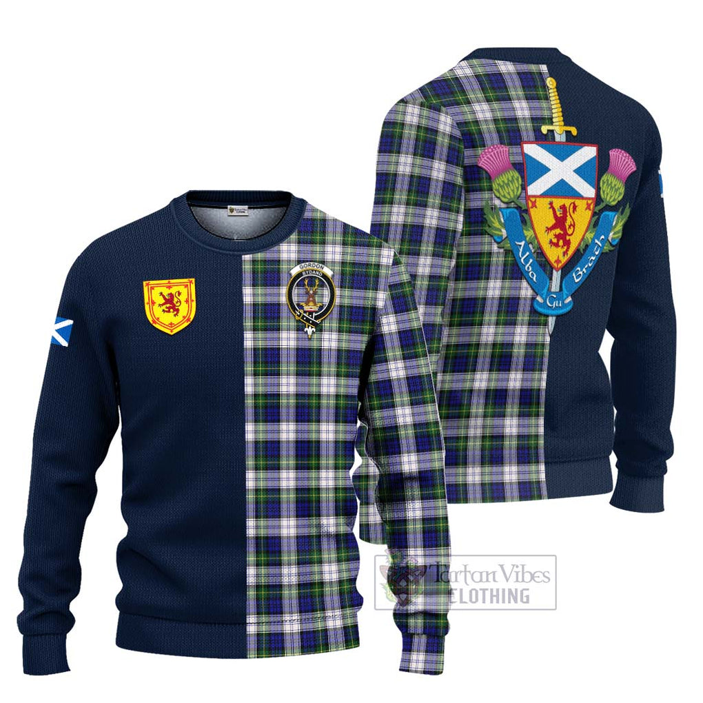 Tartan Vibes Clothing Gordon Dress Modern Tartan Knitted Sweater with Scottish Lion Royal Arm Half Style