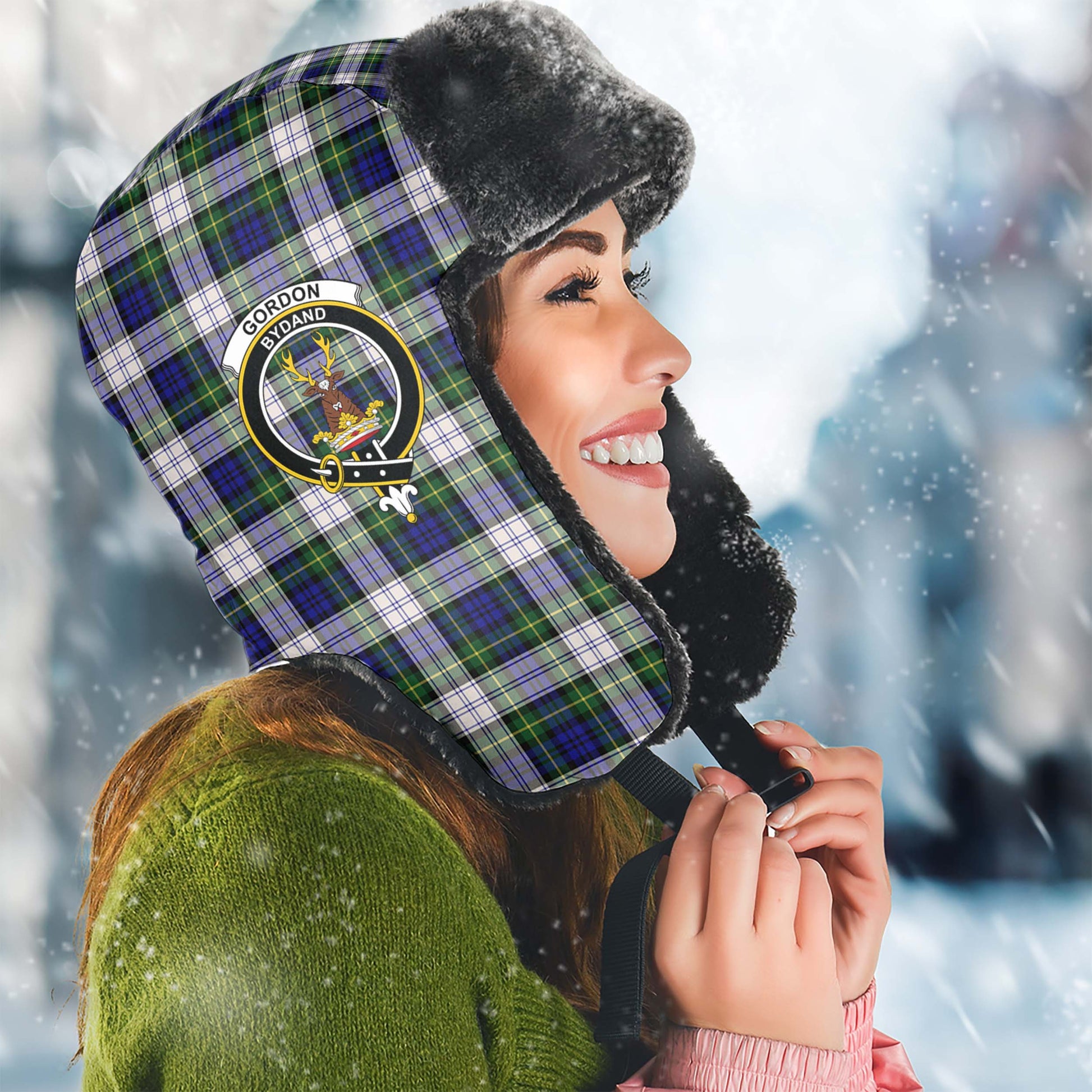 Gordon Dress Modern Tartan Winter Trapper Hat with Family Crest Winter Trapper Hat Universal Fit Circumference 22.8in (58cm) - Tartanvibesclothing