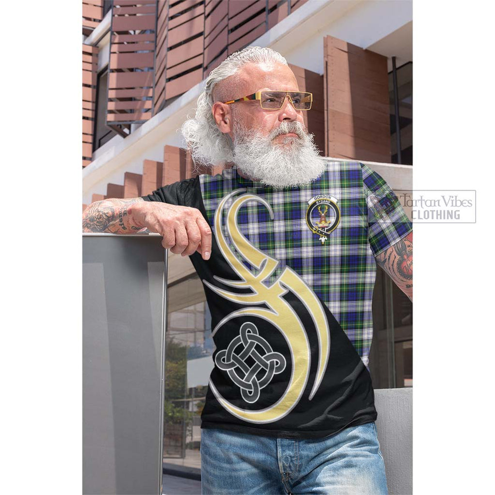 Tartan Vibes Clothing Gordon Dress Modern Tartan Cotton T-shirt with Family Crest and Celtic Symbol Style