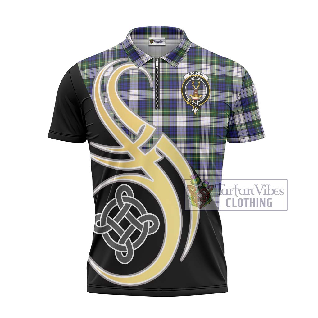 Tartan Vibes Clothing Gordon Dress Modern Tartan Zipper Polo Shirt with Family Crest and Celtic Symbol Style