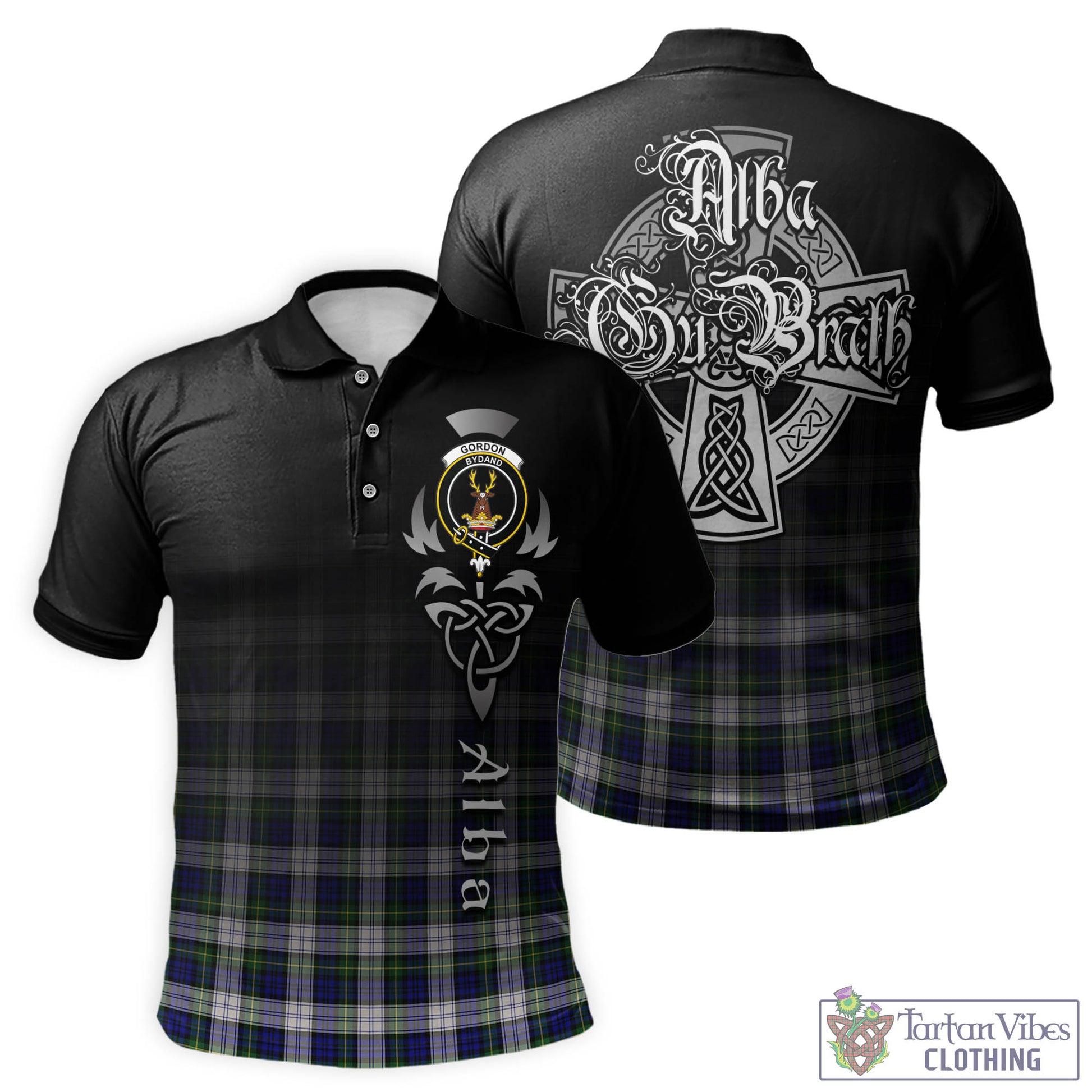 Tartan Vibes Clothing Gordon Dress Modern Tartan Polo Shirt Featuring Alba Gu Brath Family Crest Celtic Inspired