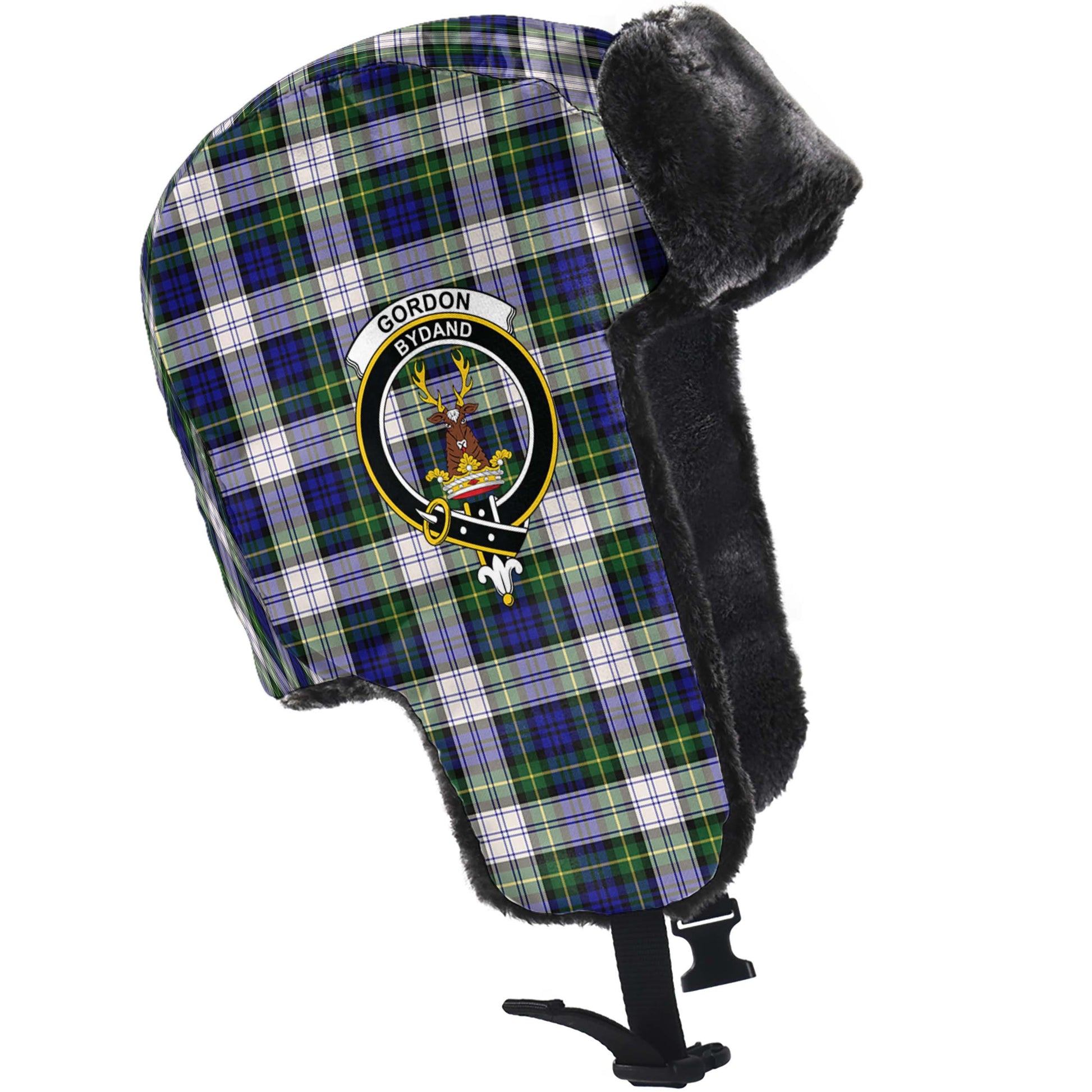 Gordon Dress Modern Tartan Winter Trapper Hat with Family Crest - Tartanvibesclothing