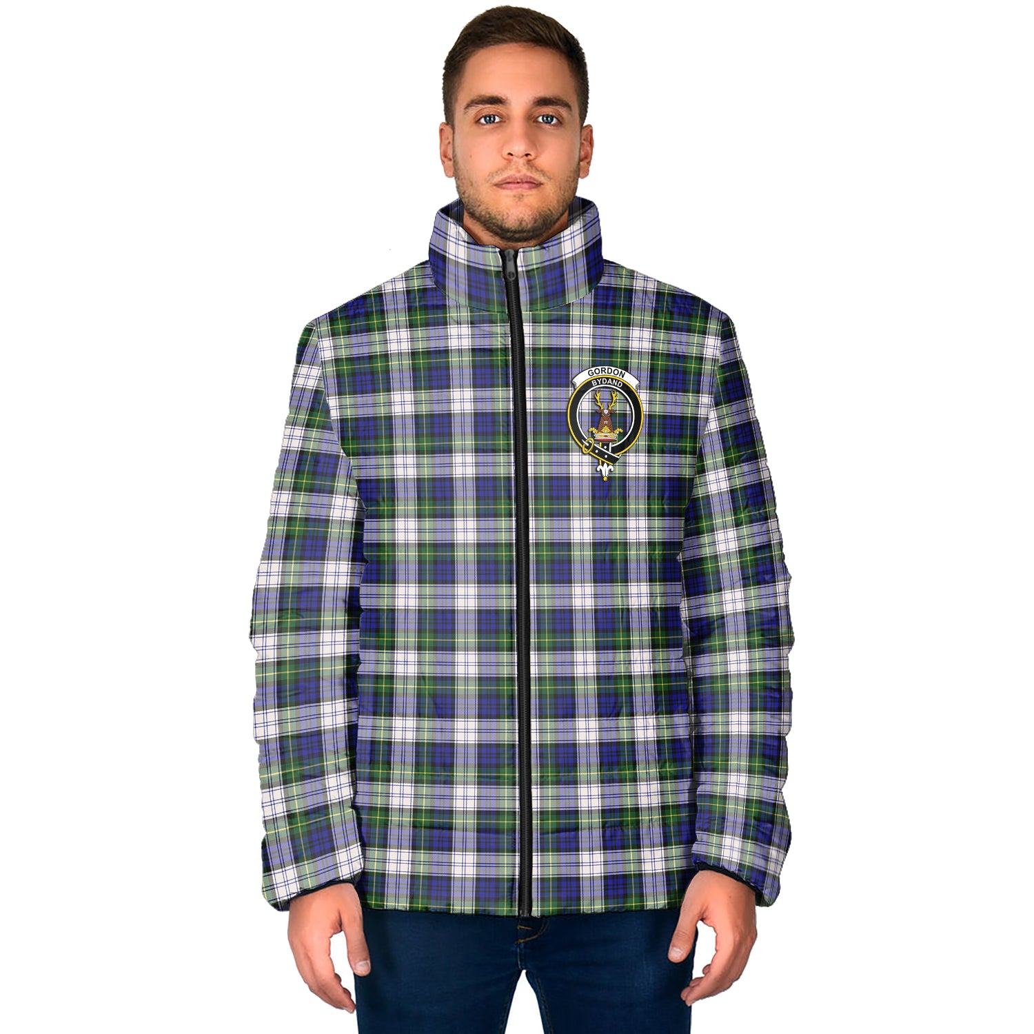 Gordon Dress Modern Tartan Padded Jacket with Family Crest - Tartan Vibes Clothing