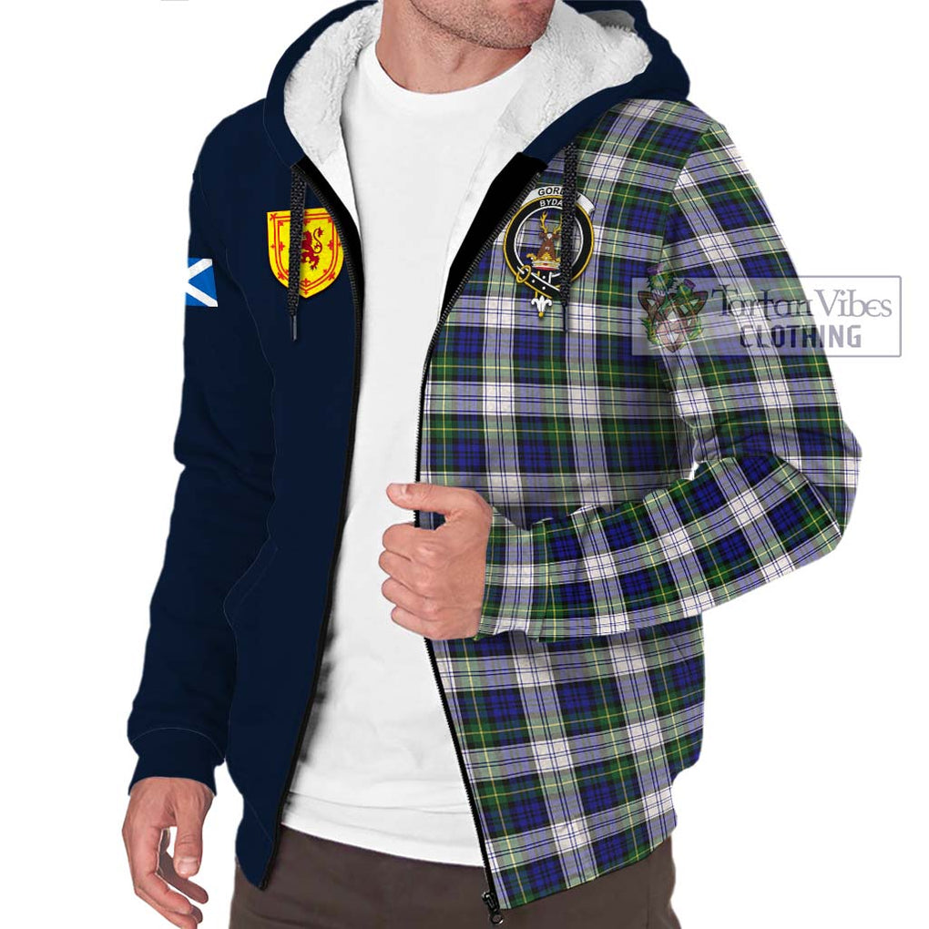 Tartan Vibes Clothing Gordon Dress Modern Tartan Sherpa Hoodie with Scottish Lion Royal Arm Half Style