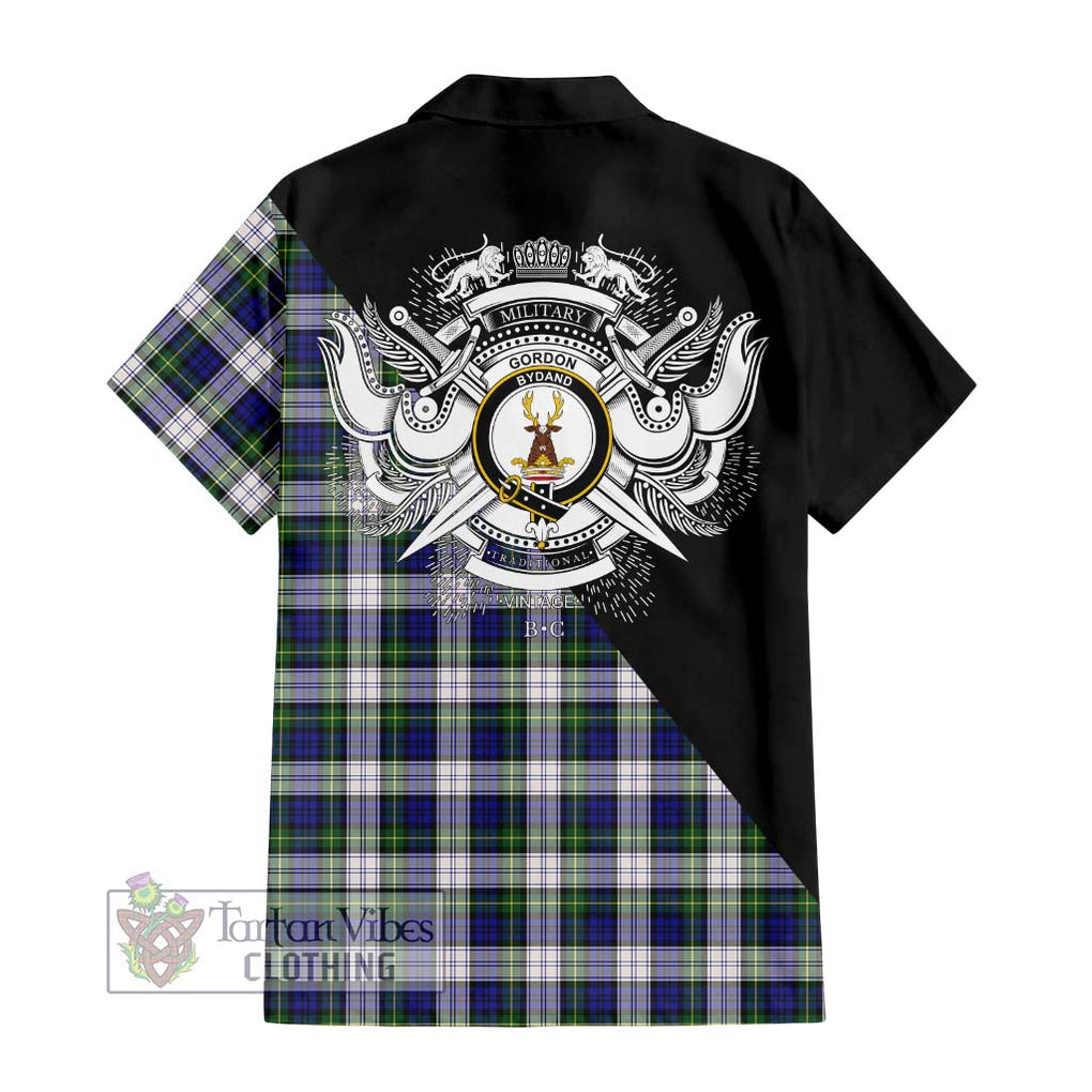 Gordon Dress Modern Tartan Short Sleeve Button Shirt with Family Crest and Military Logo Style - Tartanvibesclothing Shop