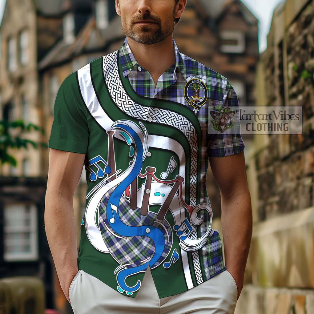 Gordon Dress Modern Tartan Short Sleeve Button Shirt with Epic Bagpipe Style - Tartanvibesclothing Shop