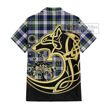 Gordon Dress Modern Tartan Short Sleeve Button Shirt with Family Crest Celtic Wolf Style