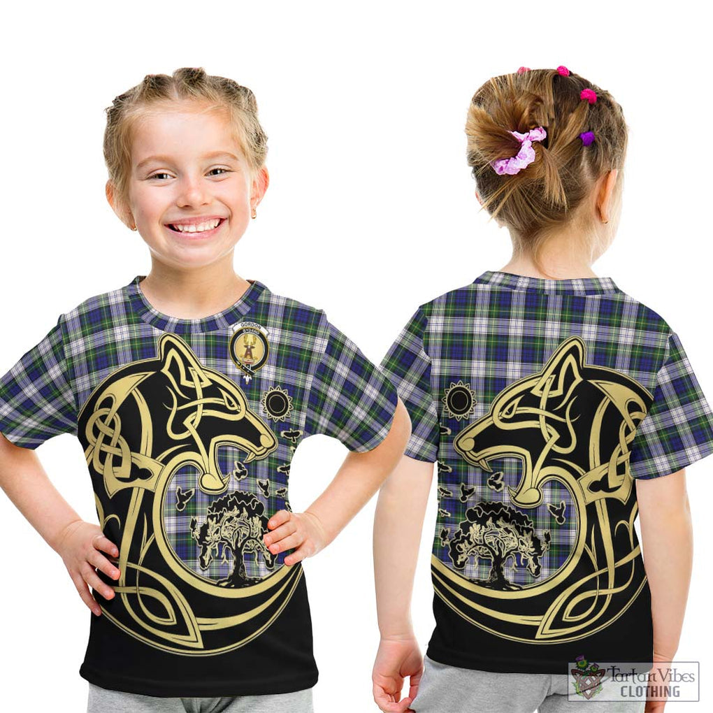 Gordon Dress Modern Tartan Kid T-Shirt with Family Crest Celtic Wolf Style - Tartan Vibes Clothing