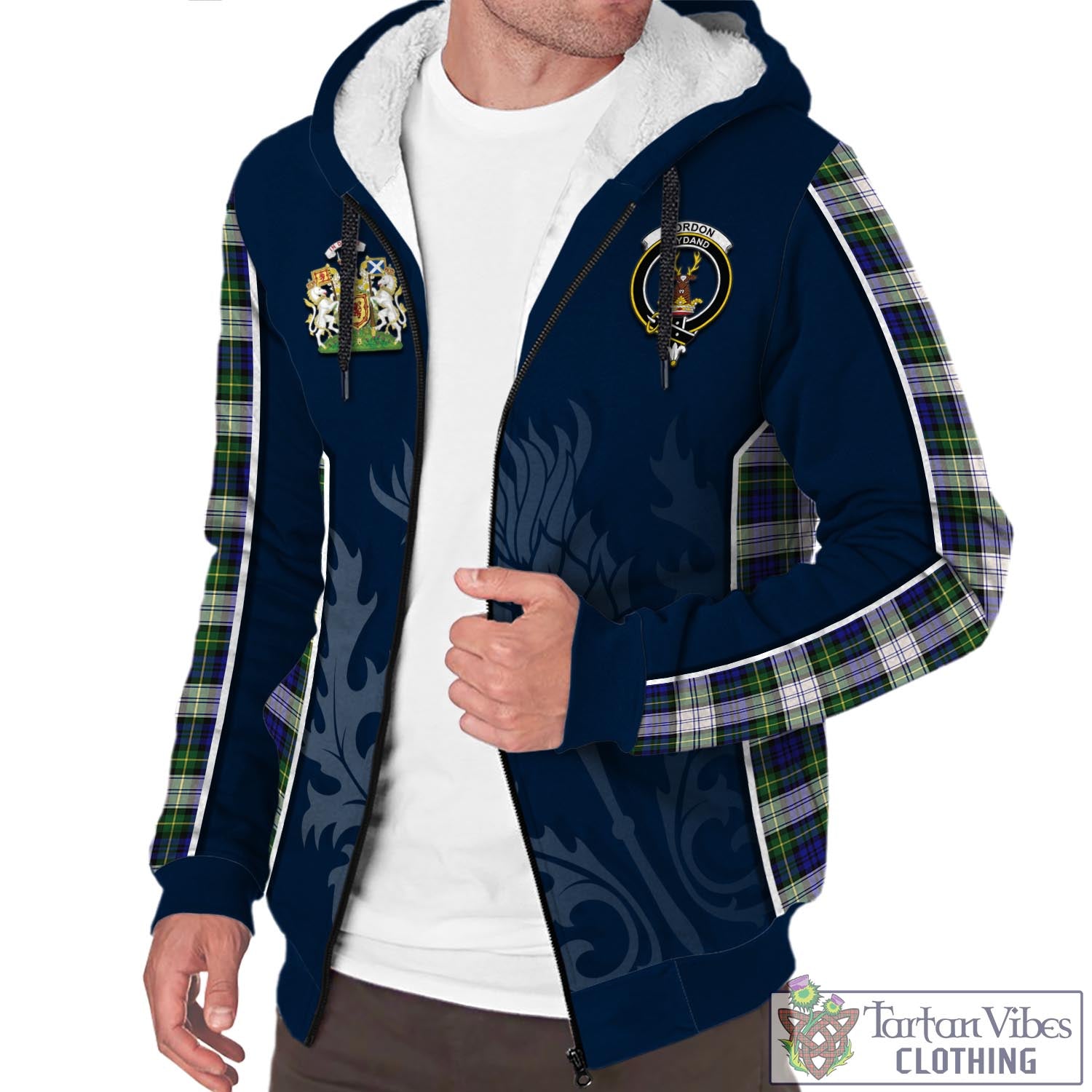 Tartan Vibes Clothing Gordon Dress Modern Tartan Sherpa Hoodie with Family Crest and Scottish Thistle Vibes Sport Style