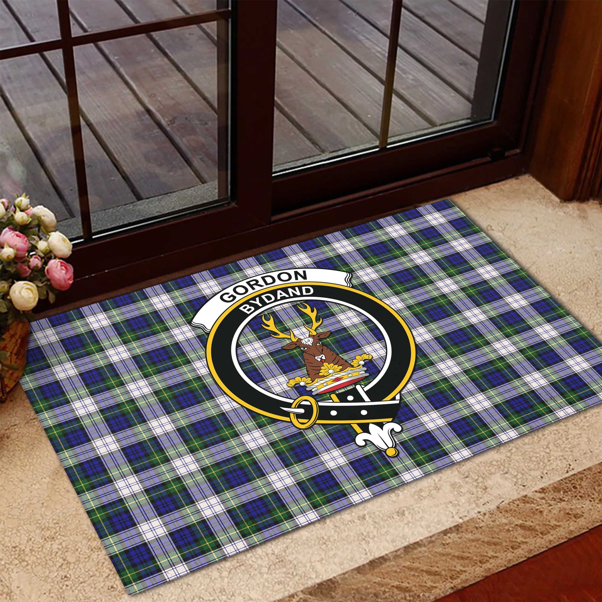 Gordon Dress Modern Tartan Door Mat with Family Crest - Tartanvibesclothing