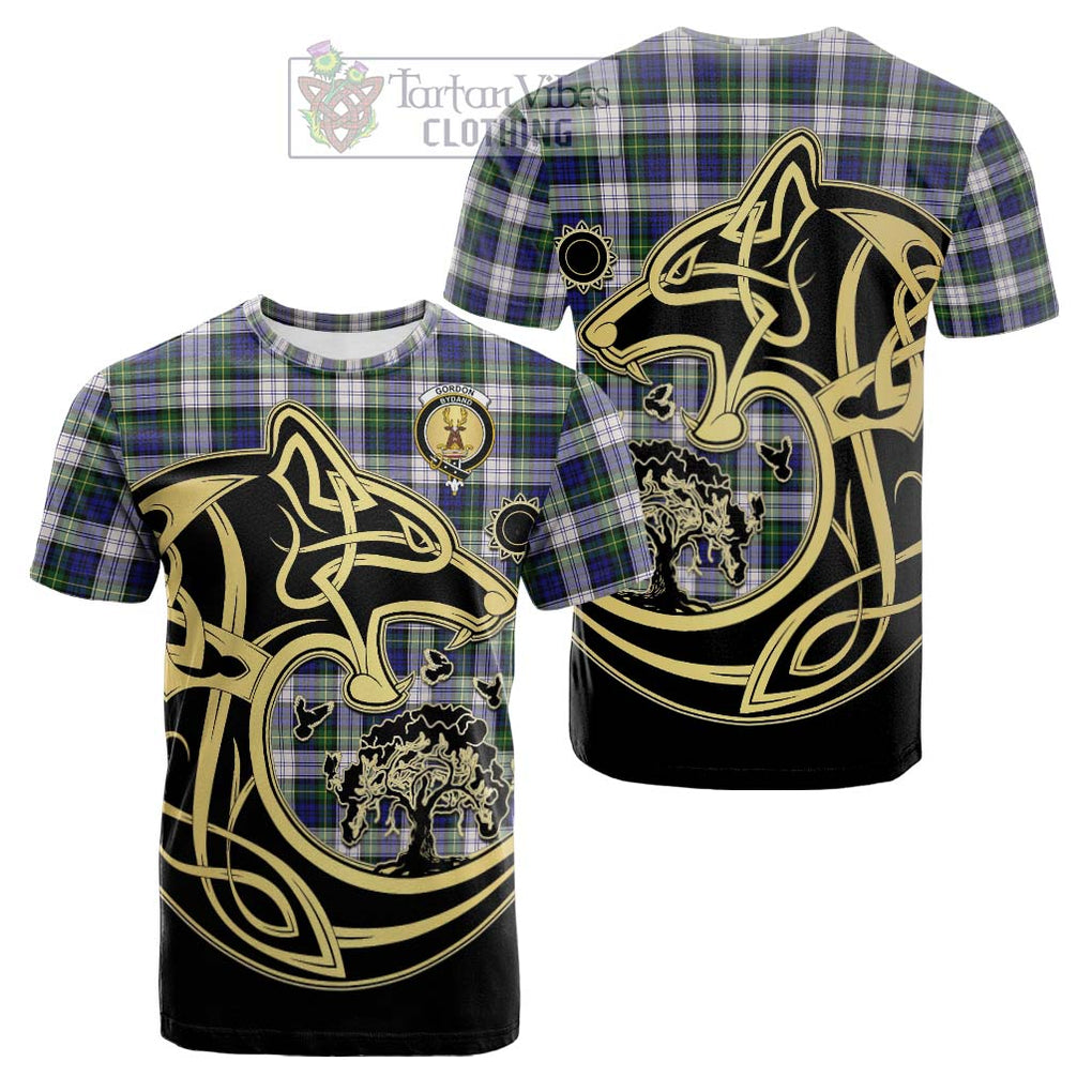 Tartan Vibes Clothing Gordon Dress Modern Tartan Cotton T-shirt with Family Crest Celtic Wolf Style