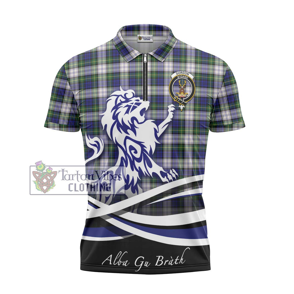 Gordon Dress Modern Tartan Zipper Polo Shirt with Alba Gu Brath Regal Lion Emblem - Tartanvibesclothing Shop