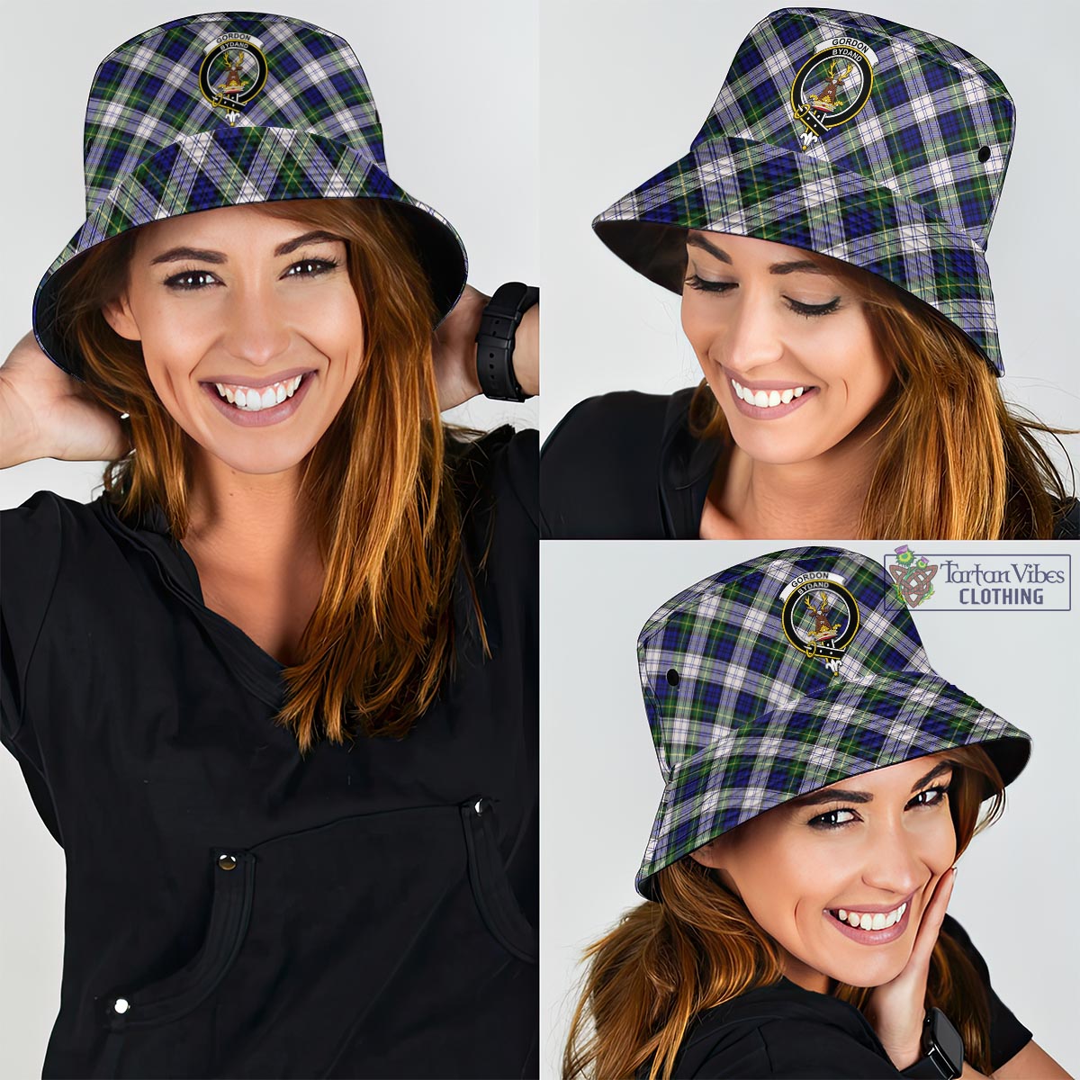 Tartan Vibes Clothing Gordon Dress Modern Tartan Bucket Hat with Family Crest