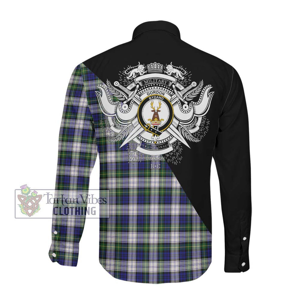 Gordon Dress Modern Tartan Long Sleeve Button Shirt with Family Crest and Military Logo Style Men's Shirt - Tartanvibesclothing Shop