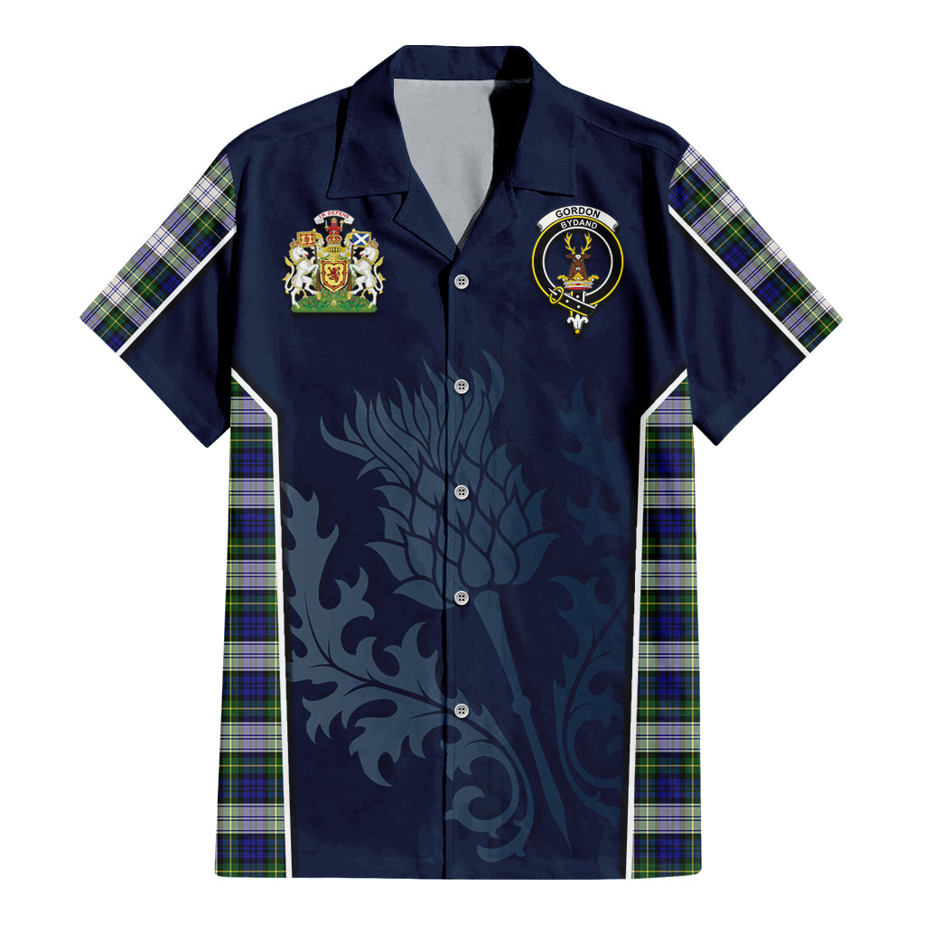 Tartan Vibes Clothing Gordon Dress Modern Tartan Short Sleeve Button Up Shirt with Family Crest and Scottish Thistle Vibes Sport Style