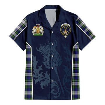 Gordon Dress Modern Tartan Short Sleeve Button Up Shirt with Family Crest and Scottish Thistle Vibes Sport Style