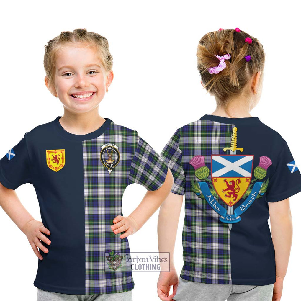 Tartan Vibes Clothing Gordon Dress Modern Tartan Kid T-Shirt with Scottish Lion Royal Arm Half Style