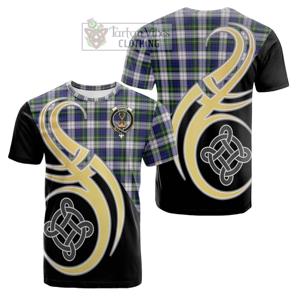 Tartan Vibes Clothing Gordon Dress Modern Tartan Cotton T-shirt with Family Crest and Celtic Symbol Style